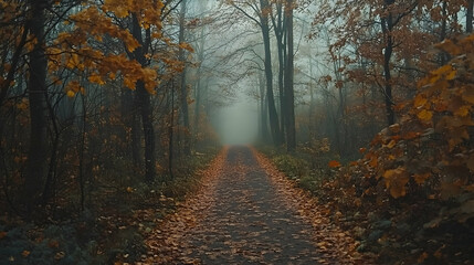 Obraz premium Enchanting autumn forest trail with a veil of mist, inviting exploration and serenity