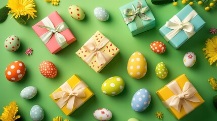 vibrant arrangement of colorfully wrapped Easter gifts with satin bows, alongside Easter eggs featuring polka - dot and floral patterns, and complemented by bright yellow flowers on a green background