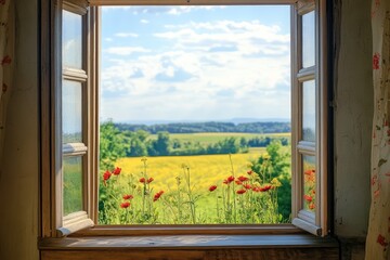 Window with summer landscape view. AI generated illustration.