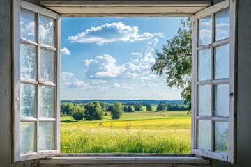 Window with summer landscape view. AI generated illustration.