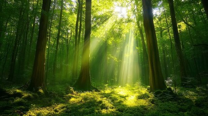 Obraz premium Sunlit Green Forest with Dappled Light and Tall Trees