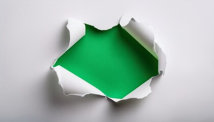 a hole in white paper with torn edges isolated on a white background with a bright green color paper background inside good paper texture