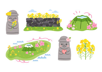 Spring in Jeju Island. Rape flower fields, beautiful spring island scenery, and Dolhareubang statues decorated with flowers.