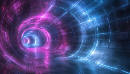 Futuristic glowing tunnel with vibrant pink and blue lights, abstract neon illusion, modern design, long perspective depth view, digital energy concept