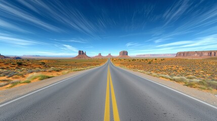 Expansive Desert Road Leading to Monument Valley