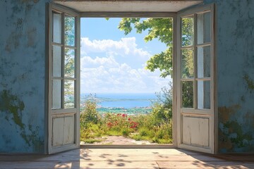 Window with summer landscape view. AI generated illustration.