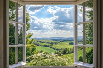 Fototapeta premium Window with summer landscape view. AI generated illustration.