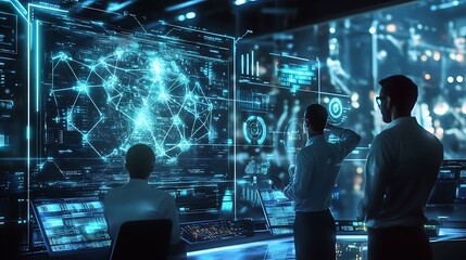 Three people observe data visualizations displayed on digital screens