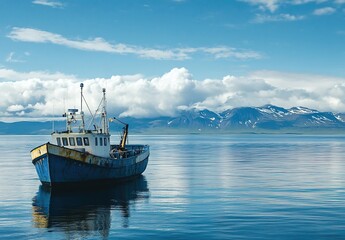 Fototapeta premium Photo of an Icelandic fishing boat on the water in Iceland, with a beautiful blue sky and white clouds.