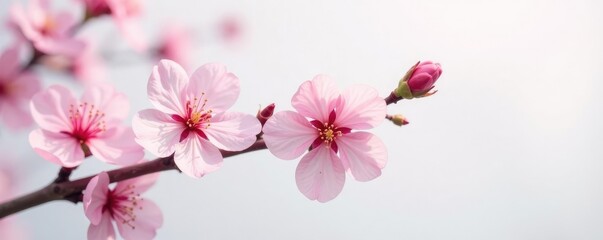 Delicate branch of cherry blossom isolated on white background, cherry blossom branch, single blossom, tree
