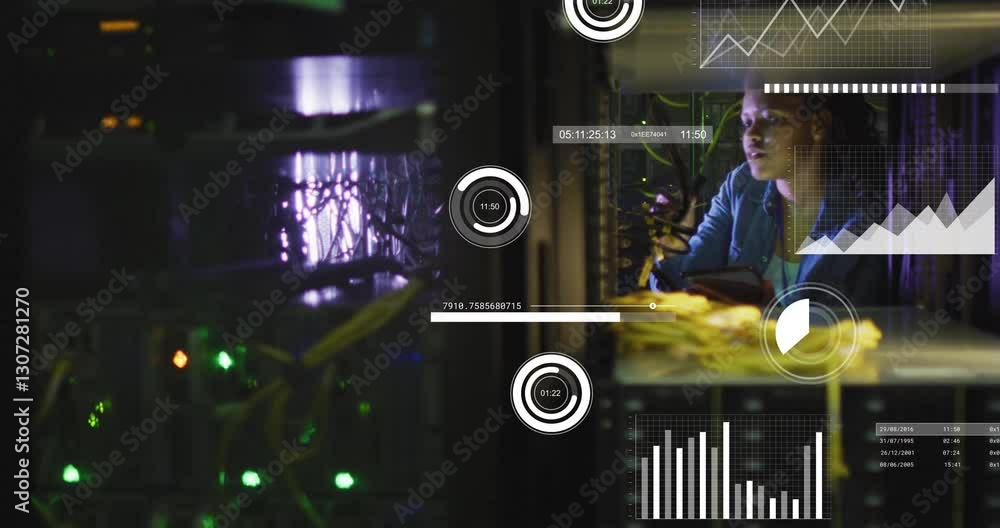 Poster in server room, technician analyzing data with animation graphics on screen