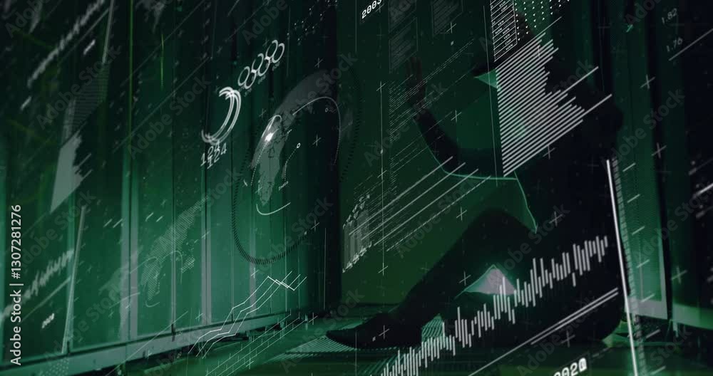 Poster silhouette of person with financial graphs and data processing animation overlay
