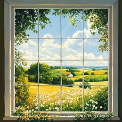 Window with summer landscape view. AI generated illustration.