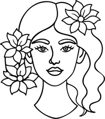 March 8th International Women's Day Floral Outline Illustration with Elegant Wavy Hair and Decorative Flowers in Black and White