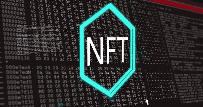 Animation of hexagonal logo with OGV on digital coding background