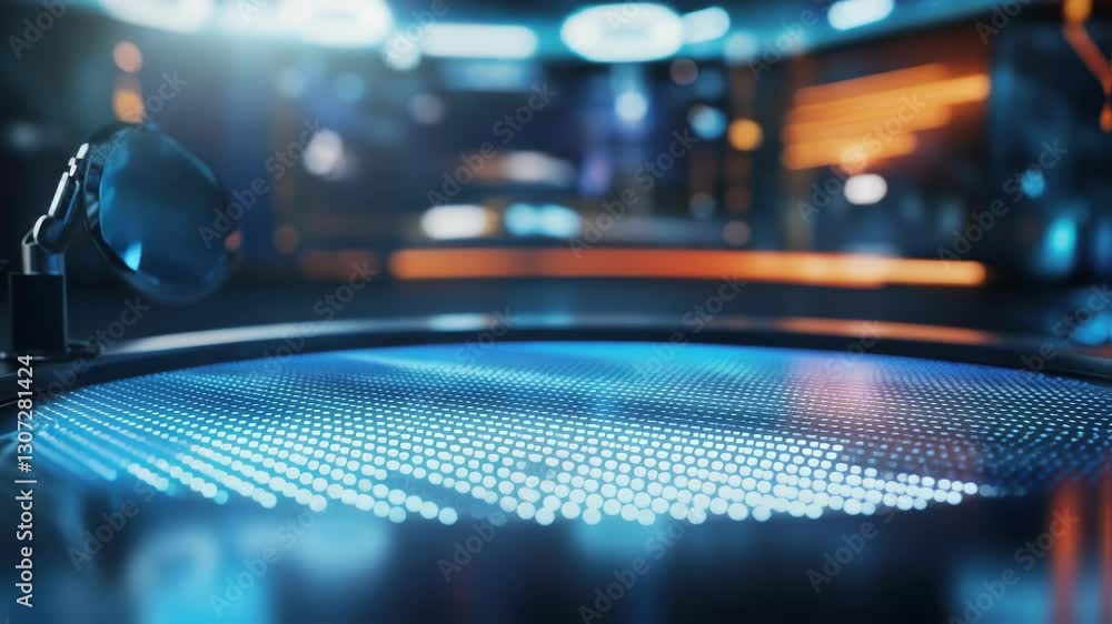 Poster futuristic interactive tabletop displaying growing digital data in a modern office, illuminated by a