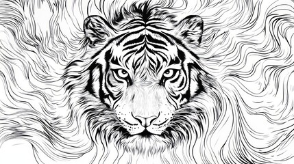 tiger pattern, hand-drawn, top view, white background, flowing and textured stripes, artistic and expressive design blending perfectly together.