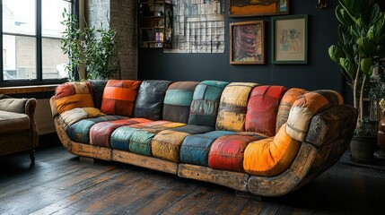 Living room scene. Interior with colorful patchwork sofa. Wood floor and dark wall. Potted plant and framed art. Relaxing in a creative space.