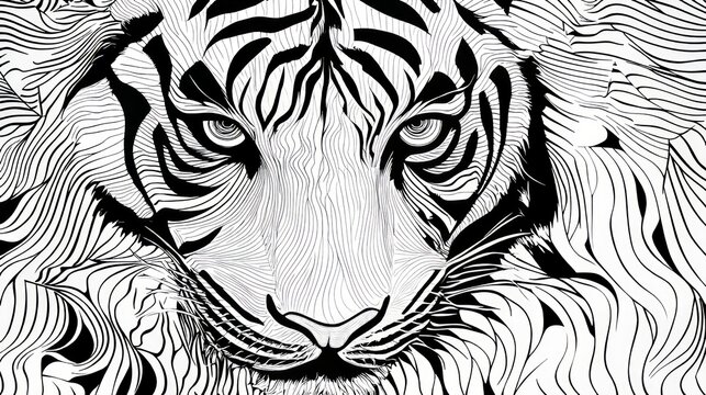 tiger pattern, line-art, close-up, white background, sharp geometric tiger stripes forming a bold and clean visual pattern.