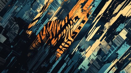 tiger pattern, line-art, macro, cityscape background, tiger stripes distorted by the sharp angles and edges of buildings, modern, urban texture.