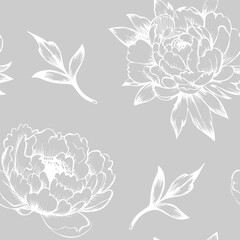Vector flowers seamless pattern, line illustration, pencil drawing. gray and white floral pattern with flowers. Line art illustration. Floral pattern for invitations, wallpapers, print gift wrap