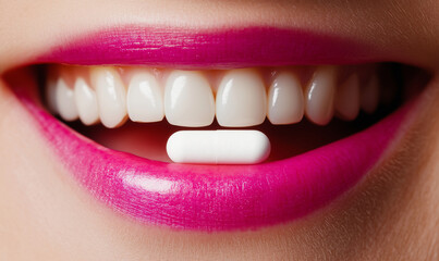 Obraz premium Close-up of a woman's mouth with bright pink lipstick holding a white pill between her teeth.
