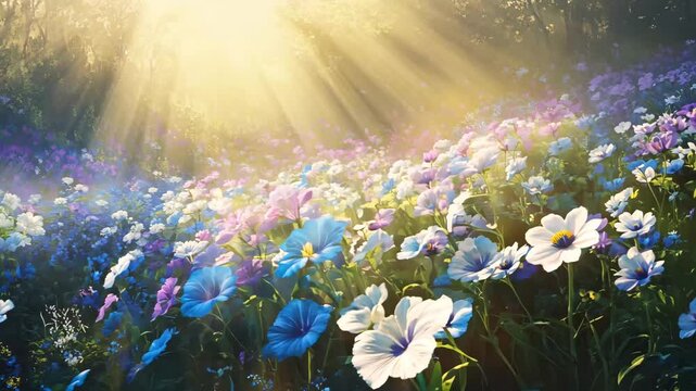 A stunning painting of a field filled with morning glory flowers in shades of blue, purple, and white, illuminated by warm, golden sunlight streaming through the foliage. The soft light 