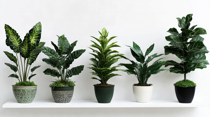 Fototapeta premium Green plants planted in flowerpots by the wall