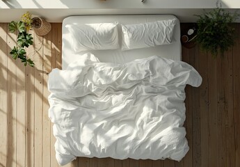 3D render of a white bed with a crumpled duvet and pillows , viewed from above
