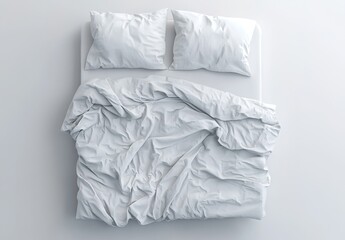 Obraz premium 3D render of a white bed with a crumpled duvet and pillows , viewed from above
