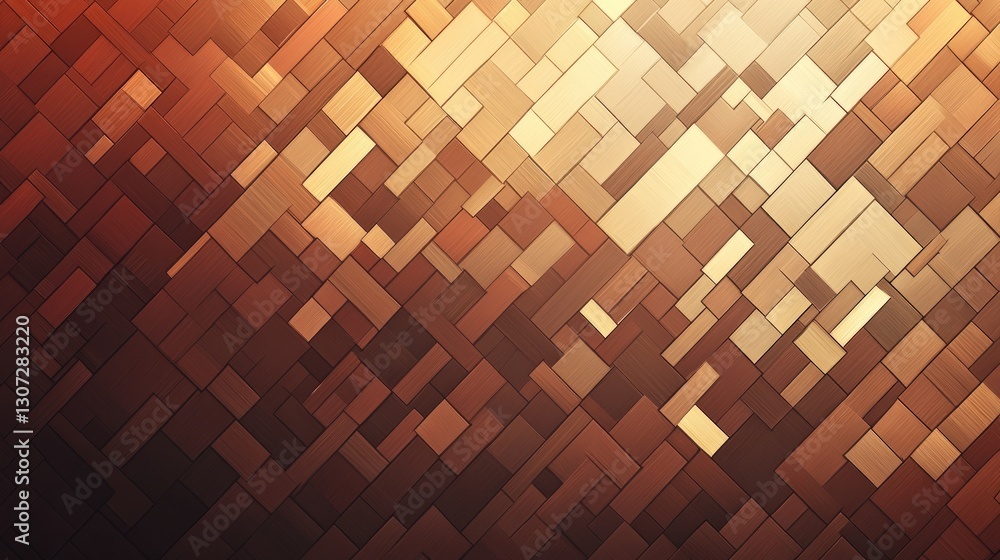 Poster abstract geometric pattern composed of rectangular wooden blocks in varying shades of brown and gold