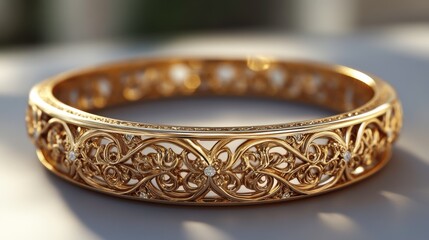 A beautifully crafted gold bangle with intricate designs, showcasing elegance and sophistication in jewelry.