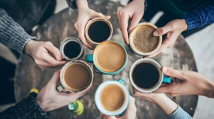Overhead shot of several people holding mugs of coffee together at a table, sharing a communal drink.