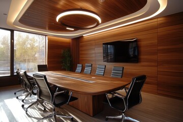 Wooden meeting room interior. AI generated illustration.