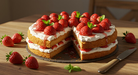 fresh strawberry cake on a table