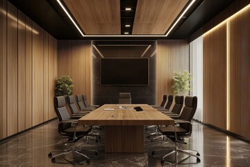 Fototapeta premium Wooden meeting room interior. AI generated illustration.