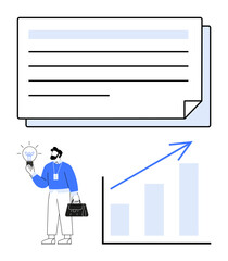 Man holding glowing light bulb and bag, chart with upward arrow, stacked papers for strategy or growth plan. Ideal for innovation, business success, entrepreneurship, planning, data analysis, goal