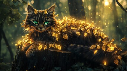 Cute fantasy cat surrounded by glowing leaves in enchanted forest magical environment whimsical viewpoint