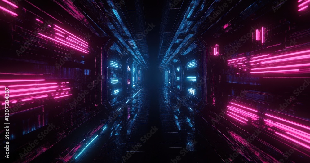 Poster futuristic neon corridor with glowing lights and reflective surfaces in a sci-fi environment creatin