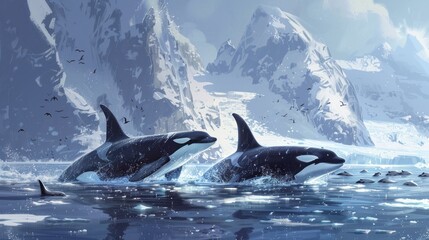 Obraz premium Two orca whales leaping from icy cold ocean waters