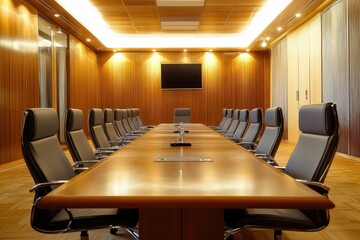 Wooden meeting room interior. AI generated illustration.