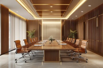 Fototapeta premium Wooden meeting room interior. AI generated illustration.