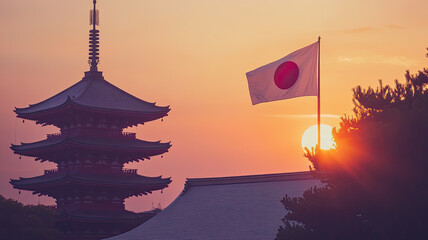 Showa Day composition in Japan, a Japanese flag  beside an ancient temple.