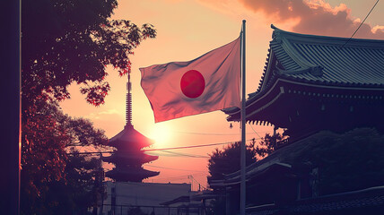 Showa Day composition in Japan, a Japanese flag  beside an ancient temple.