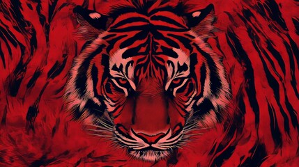 tiger pattern, top view, red solid background, fiery tiger stripes, bold pattern with contrasting sharp black and red colors, intense and energetic vibe.
