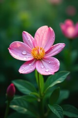 Fototapeta premium Flower with dew drops and greenery surrounding it, blossom, dewdrops, plantlife