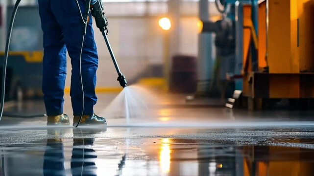 Industrial worker cleaning factory floor with high-pressure water jet.  Possible use Stock photo for industrial cleaning services or maintenance