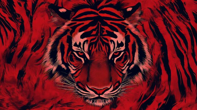 tiger pattern, top view, red solid background, fiery tiger stripes, bold pattern with contrasting sharp black and red colors, intense and energetic vibe.