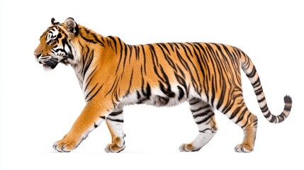 Obraz premium tiger, pencil sketch, side view, white background, powerful pose, focused on muscular structure and vivid stripes.