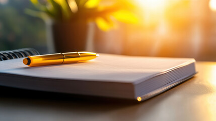golden pen rests on blank notebook, capturing serene moment